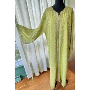 Vintage 70s caftan, chartreuse with golden bronze abstract, traditional robe